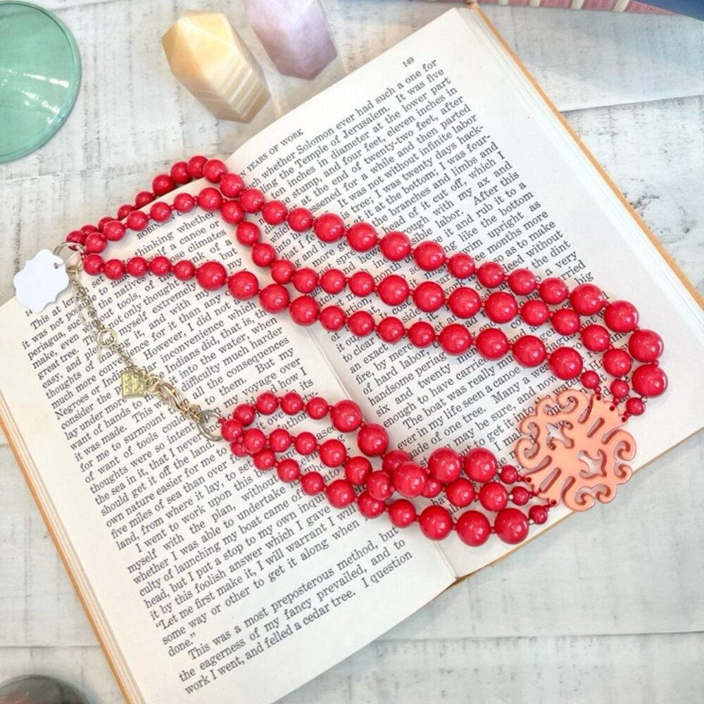 Statement Red Beaded Necklace with Filigree Pendant
